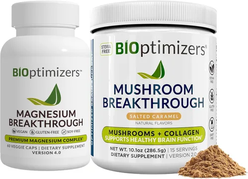 BiOptimizers Magnesium Breakthrough 4.0, (60 cápsulas) y polvo de hongos (caramelo salado, 15 porciones) – Paquete de superalimentos y suplementos