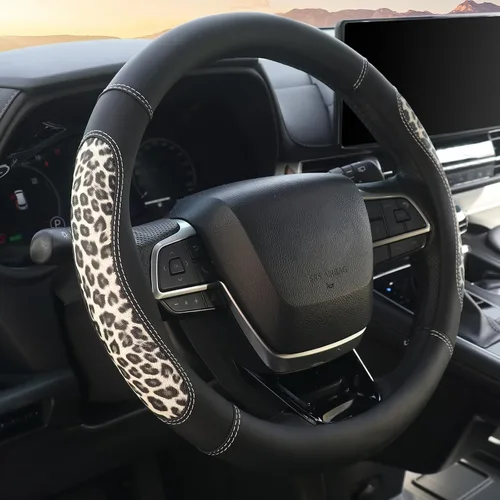 Miniatura 8 de KAFEEK Funda de cuero de microfibra para volante de automóvil, universal de 15 pulgadas, protector de volante de automóvil antideslizante empalmado