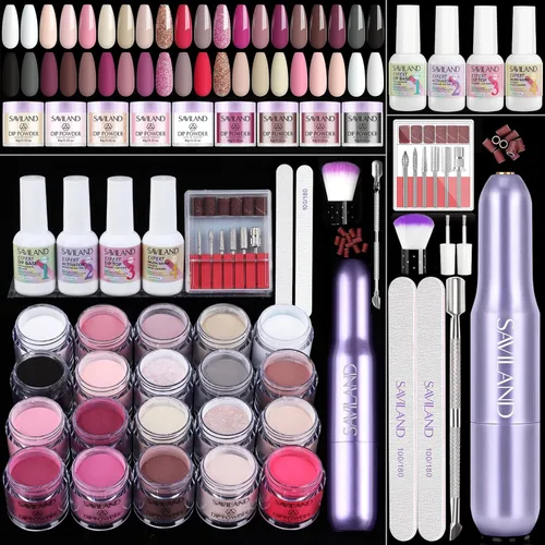 Miniatura 9 de SAVILAND - Kit de iniciación de uñas de polvo de inmersión de 49 piezas - 40 colores, polvo de inmersión de color rosa intenso, rojo, nude suave