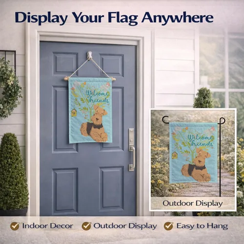 Miniatura 8 de Caroline's Treasures BB7625GF - Bandera decorativa para jardín con texto en inglés "Welcome Friends" Airedale Terrier, para jardín, jardín, patio