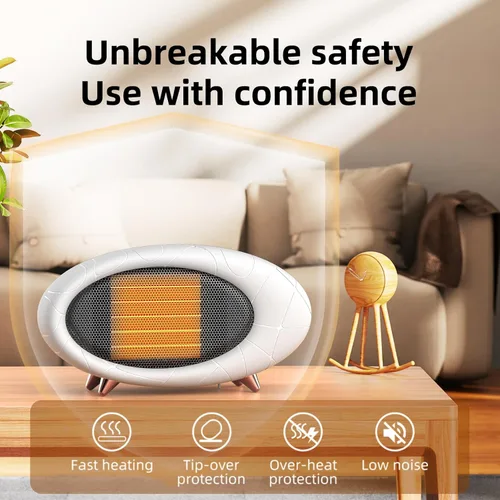 Miniatura 3 de Calentador de escritorio de 600 W pequeño con protección contra sobrecalentamiento y caídas, calentamiento rápido en cerámica PTC para uso en Blanco