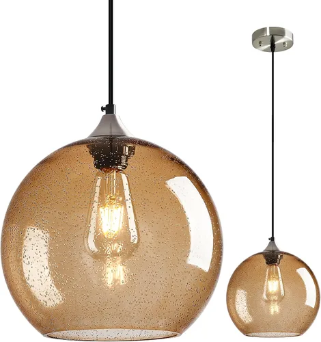 Miniatura 35 de Luces colgantes de vidrio marrón claro, iluminación de isla de cocina, lámparas colgantes de globo, iluminación colgante moderna para dormitorio