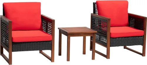 Miniatura 9 de Juego de muebles de patio de 3 piezas de madera de acacia para patio, juego de sillas de conversación al aire libre con cojines resistentes al agua