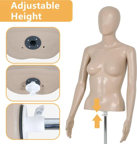 Miniatura 6 de Maniquí de costura femenino de 39 a 56 pulgadas, maniquí de medio cuerpo ajustable con base de metal, soporte de maniquí para ropa de exhibición