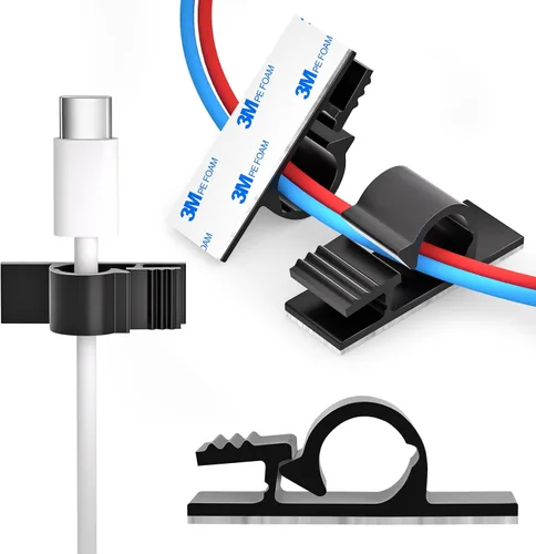 XHF 100 clips adhesivos para cables, color negro, organizador de cables para exteriores, organizador de cables para debajo del escritorio,