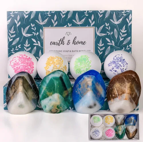Juego de jabón y bomba de baño de piedras preciosas, regalo relajante de spa para mujeres, juego de regalo para el día de la madre, 4 jabones de