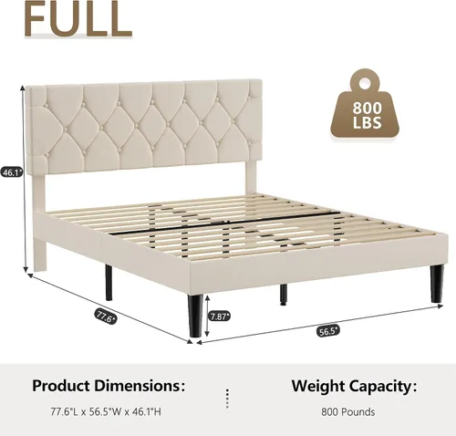Miniatura 2 de VECELO Base de cama tamaño completo con cabecera capitoné con botones, plataforma tapizada con soporte de listones de madera, no necesita somier