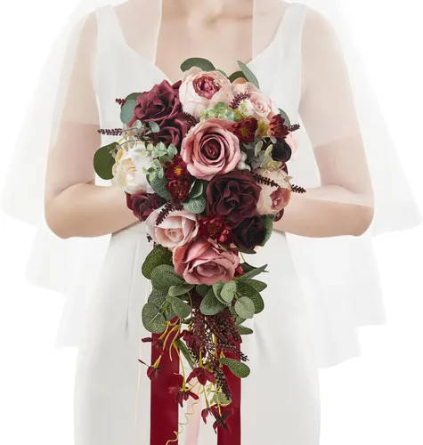 Miniatura 23 de Serwalin Ramos de boda de 9.8 pulgadas para novia y dama de honor, peonías rosa empolvado, ramos de flores de novia para boda, ramo de lanzamiento