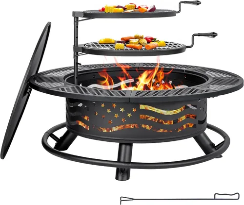 Miniatura 7 de Panovue - Fogata de 36 pulgadas con 2 rejillas de cocina, parrilla de acero redonda para leña al aire libre, con tapa, para barbacoa, fogata, pícnic