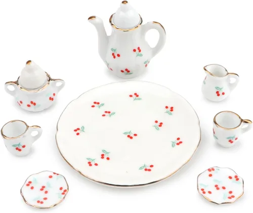 Miniatura 4 de Cutemini - Juego de tazas de té en miniatura de porcelana a escala 1:6, 8 piezas, con diseño de flores, tetera, plato y bandeja, suministros