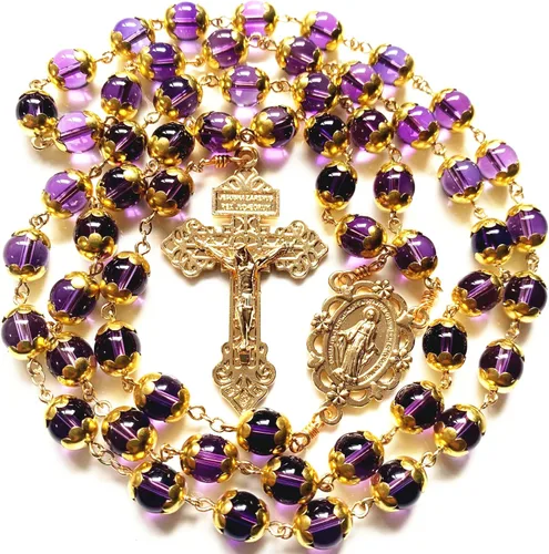 Miniatura 7 de elegantmedical HECHO A MANO ORO NATURAL 8MM AMATISTA CUENTAS ROSARIO CRUZ CATÓLICO COLLAR CAJA DE REGALO, Cristal