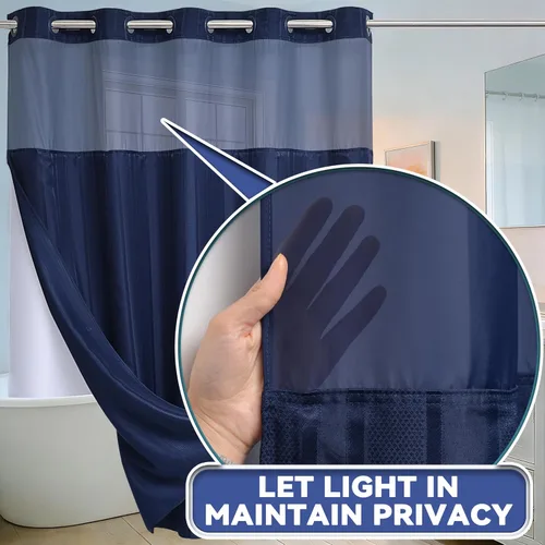 Miniatura 2 de Conbo Mio Cortina de ducha sin ganchos de tela de gofre con forro extraíble, lujosa para hotel, azul oscuro, para baño con ventana transparente