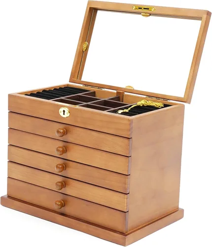 Joyero organizador de 6 capas con cerradura y espejo, cajas de joyería de madera de trébol de cuatro hojas de la suerte y organizadores,