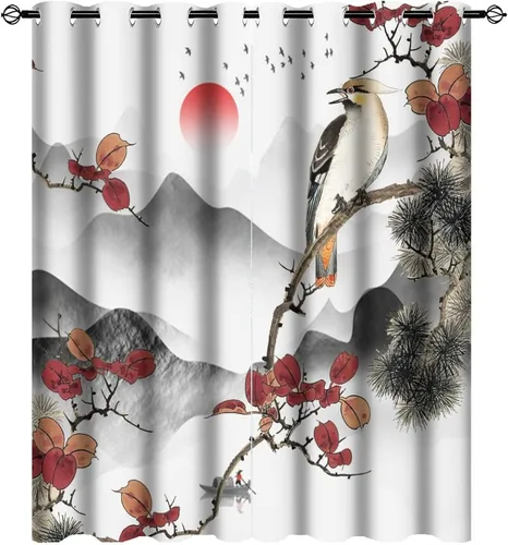 Miniatura 16 de Cortinas opacas para oscurecer la habitación con ojales, diseño de flores japonesas con ojales, arte retro de primavera y ramas florales, arte