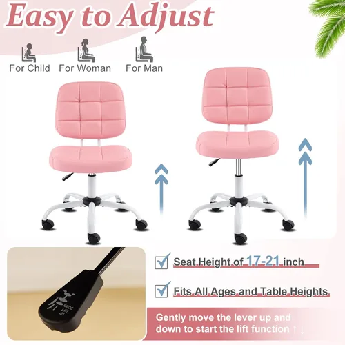 Miniatura 8 de VINGLI Silla de escritorio compacta y pequeña, linda silla sin brazos con ruedas, silla de tocador con respaldo bajo, silla de tarea ajustable