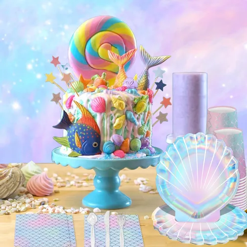 Miniatura 4 de QIYANPAX 144 piezas de suministros de fiesta de sirena, decoraciones de cumpleaños de sirena, incluye platos, servilletas, vasos, cubiertos