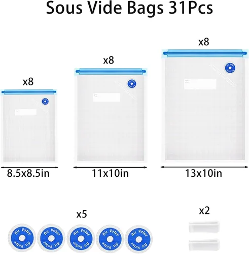 Miniatura 2 de Sous Vide - Bolsas de 31 unidades (24 bolsas con cremallera al vacío y 2 clips de sellado y 5 válvulas de aire), bolsas reutilizables sin BPA