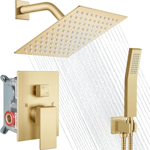 Midanya Juego de grifo de ducha, sistema de ducha de montaje en pared con cabezal de ducha de lluvia cuadrado y rociador manual, cuerpo de válvula