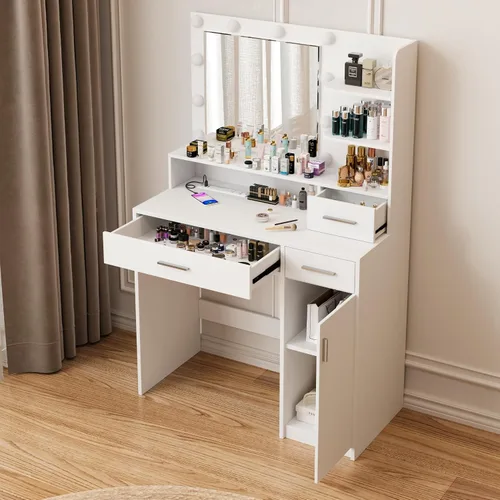 Miniatura 3 de Escritorio de tocador con espejo y luces, mesa de tocador de maquillaje con toma de corriente USB, cajón y estantes de almacenamiento, armario