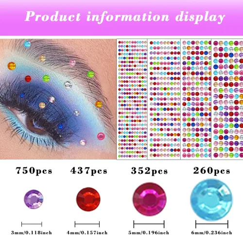 Miniatura 2 de 1799 piezas de 4 hojas de pegatinas de diamantes de imitación de 3/4/5/6 mm, autoadhesivas, para maquillaje de cara, ojos, cabello y cuerpo
