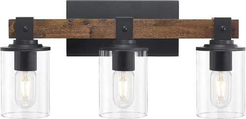 Miniatura 4 de DUJAHMLAND Lámpara de tocador de granja, lámpara de pared de madera de baño de 3 luces sobre espejo con pantalla de vidrio transparente, iluminación