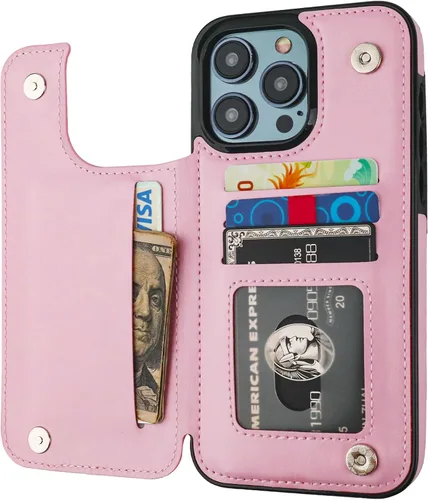 ONETOP Compatible con iPhone 15 Pro Max Funda Billetera con Portador de Tarjetas, Funda de Cuero PU con Soporte y Ranuras para Tarjetas, Doble Rosa