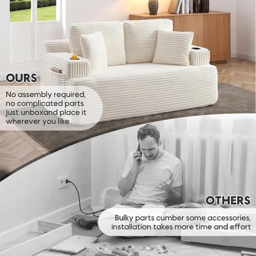 Miniatura 6 de Sofá sin hueso de 66.5 pulgadas con portavasos y bolsillos laterales, sofá biplaza tapizado de tela de pana moderna con 2 almohadas para sala