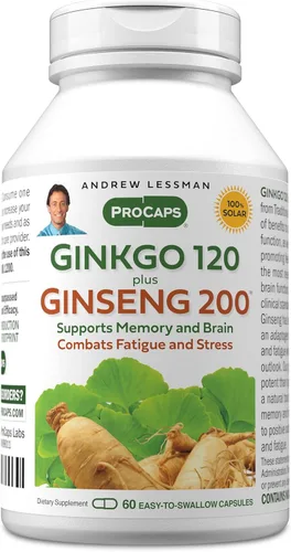 ANDREW LESSMAN Ginkgo 120 Plus Ginseng 200mg - 60 Cápsulas - Mezcla de extracto estandarizado para apoyar el cerebro, la memoria y la función