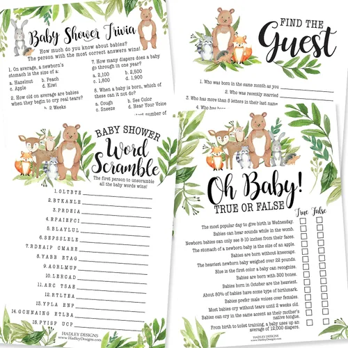 Hadley Designs 25 Woodland Word Scramble para baby shower, 25 juegos verdaderos o falsos, 25 juegos de trivia, 25 Find the Guest - 4 tarjetas de