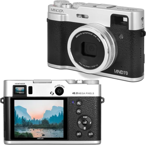 Minolta Cámara digital retro – 48 megapíxeles con enfoque automático compacto y video ultra HD de 5K, lente selfie trasera, zoom 16x, WiFi, pantalla