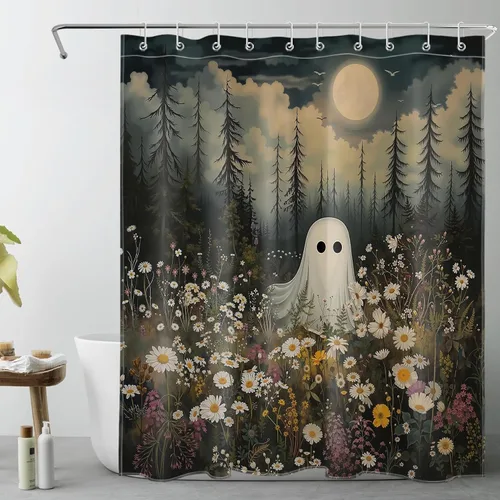 LB Cortina de ducha espeluznante de Halloween, lindo fantasma en flores, árbol negro, luna llena, cortinas de ducha para baño, tela de poliéster