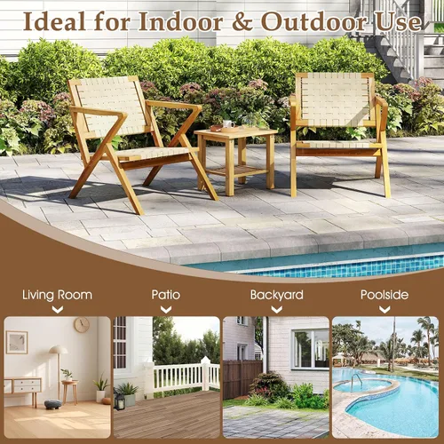 Miniatura 9 de Tangkula Silla de comedor de madera de teca para exteriores, sillón rústico de madera para patio con asiento y respaldo de cincha, para sala