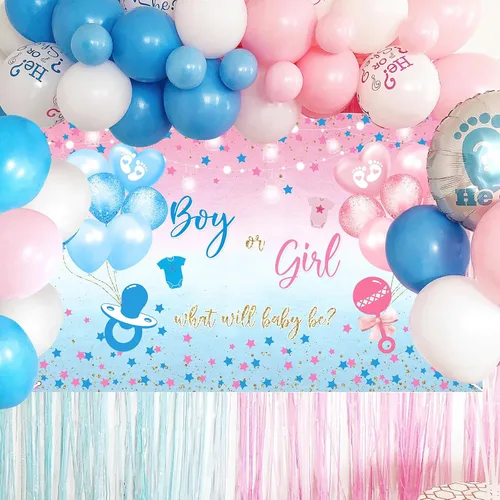 Miniatura 2 de Avezano Telón de Fondo de Revelación de Género Niño o Niña Cartel Pancarta Estrellas Azules y Rosas Puntos Tema de Globos Decoraciones de Fiesta