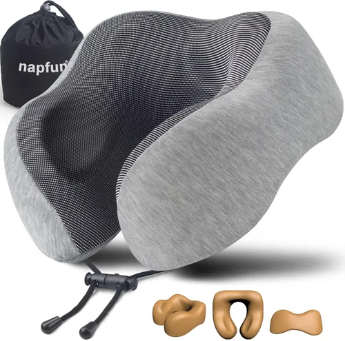 NapFun - Almohada de cuello para viajes, mejorada para viajar por avión 100% espuma viscoelástica para dormir y descansar durante los vuelos, Gris