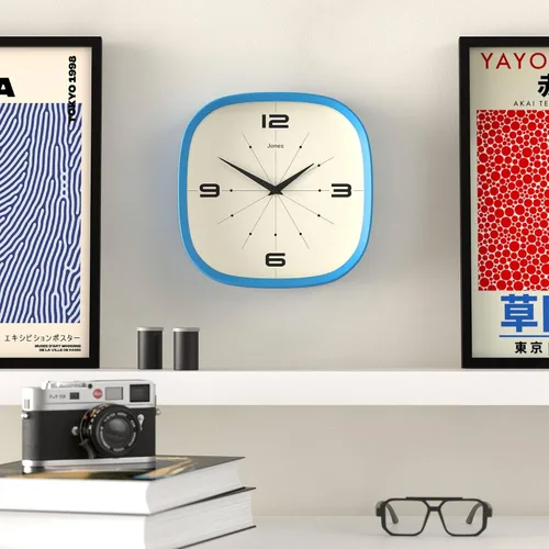 Miniatura 3 de JONES CLOCKS® Pulsar - Reloj de pared Reloj retro cuadrado redondeado 10 pulgadas Azul Aspecto de diseñador genial para cocina, sala