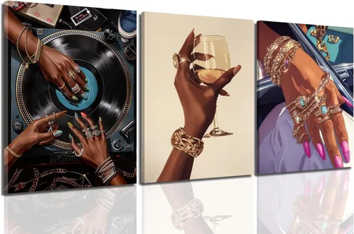 Miniatura 14 de Arte de pared de niña negra, impresiones modernas de pintura de mujer negra, juego de 3 pósteres de tocadiscos de música afroamericana, lienzo