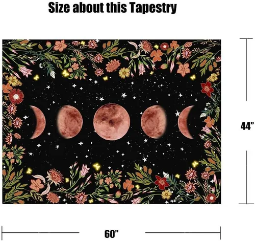 Miniatura 7 de Rexful Tapiz de jardín iluminado por la luna, fase lunar rodeada de plantas y flores, manta negra para colgar en la pared, 36 x 48 pulgadas