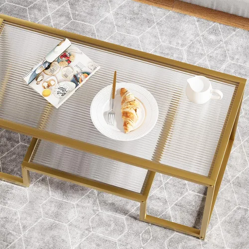 Miniatura 7 de Mesa de café Wolawu Mesa de café dorada de vidrio para sala de estar, mesa de centro rectangular de 2 niveles con tapa de vidrio acanalada y marco