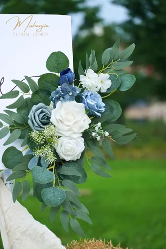 Miniatura 7 de Muhanjia Letrero de boda con estampado de flores sintéticas (paquete de 2) para ceremonia, fiesta, recepción, entrada, decoración floral, caballete