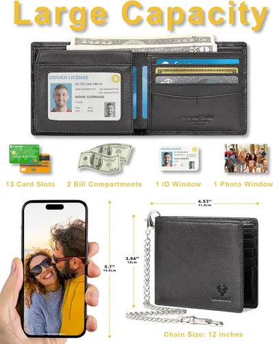 Miniatura 4 de Cartera de cadena para hombre con bloqueo RFID de cuero genuino plegable, Negro -, Classic