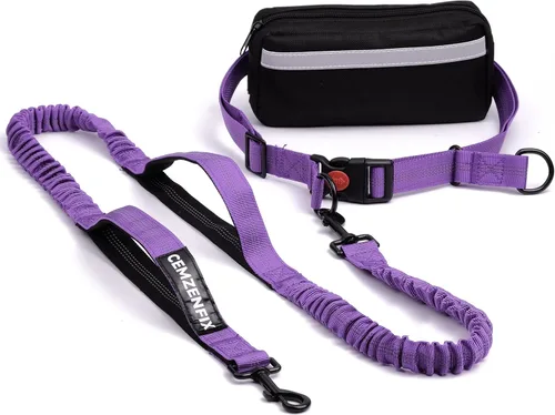 Miniatura 21 de Correa de perro manos libres con cinturón – Bungee sin tirones, asas acolchadas dobles y bolsa con cremallera para correr, caminar y entrenar