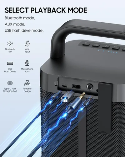 Miniatura 5 de COMISO Altavoz Bluetooth portátil con graves profundos, 150W de potencia máxima, altavoz impermeable IPX6 para exteriores con 12 horas