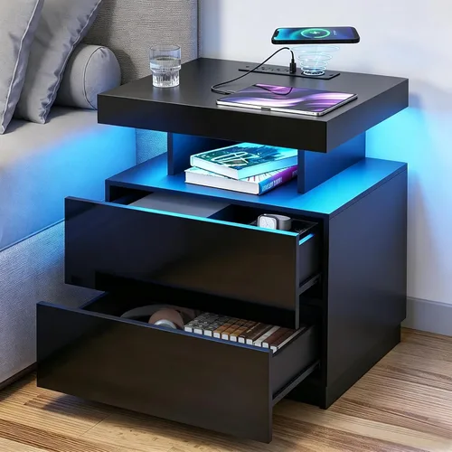Miniatura 14 de HOMMPA Mesita de noche negra con estación de carga inalámbrica, mesita de noche de alto brillo con 3 cajones, mesa auxiliar con carga USB tipo C