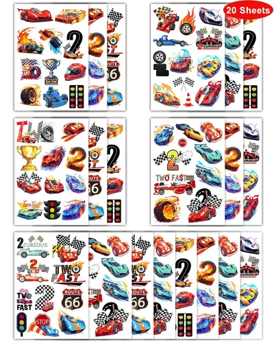 Miniatura 2 de 216 tatuajes temporales rápidos para decoraciones de fiestas temáticas de autos de carreras, 2 calcomanías rápidas y 2 de estilo curioso, tatuajes