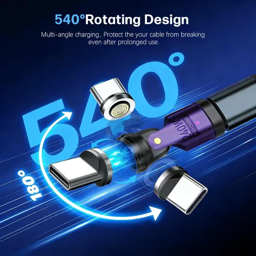 Miniatura 2 de Adaptador magnético USB C a C, 240 W PD de carga rápida de 480 Mbps de datos de 9 pines, conector de ruptura giratorio de 540°, indicador LED