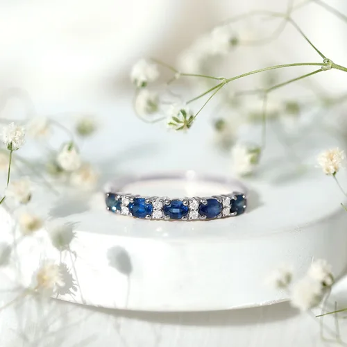 Miniatura 5 de Natural Blue Sapphire Diamond Wedding Band, AAA Quality, Blue Sapphire East West Ring For Women - Ideal For Gift