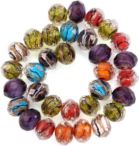 Craftdady Cuentas de vidrio facetadas de arena dorada de 0.47 pulgadas Millefiori, cuentas sueltas redondas con agujero de 0.039 in para fabricación