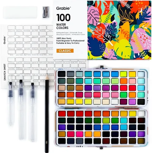 Grabie Juego de pintura de acuarela de 100 colores, 50 regulares, 35 metálicos, 10 macarón y 5 colores fluorescentes, portátil con estuche de