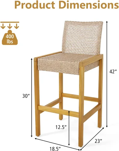 Miniatura 4 de Tangkula Juego de 2 taburetes de madera para patio, sillas de ratán de polietileno con respaldo, marco de metal estable, carga máxima de 400 libras