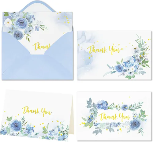 Crisky Tarjetas de agradecimiento, 4 surtidos, flores pintadas en acuarela (50 tarjetas con sobres para cumpleaños, baby shower, despedida de